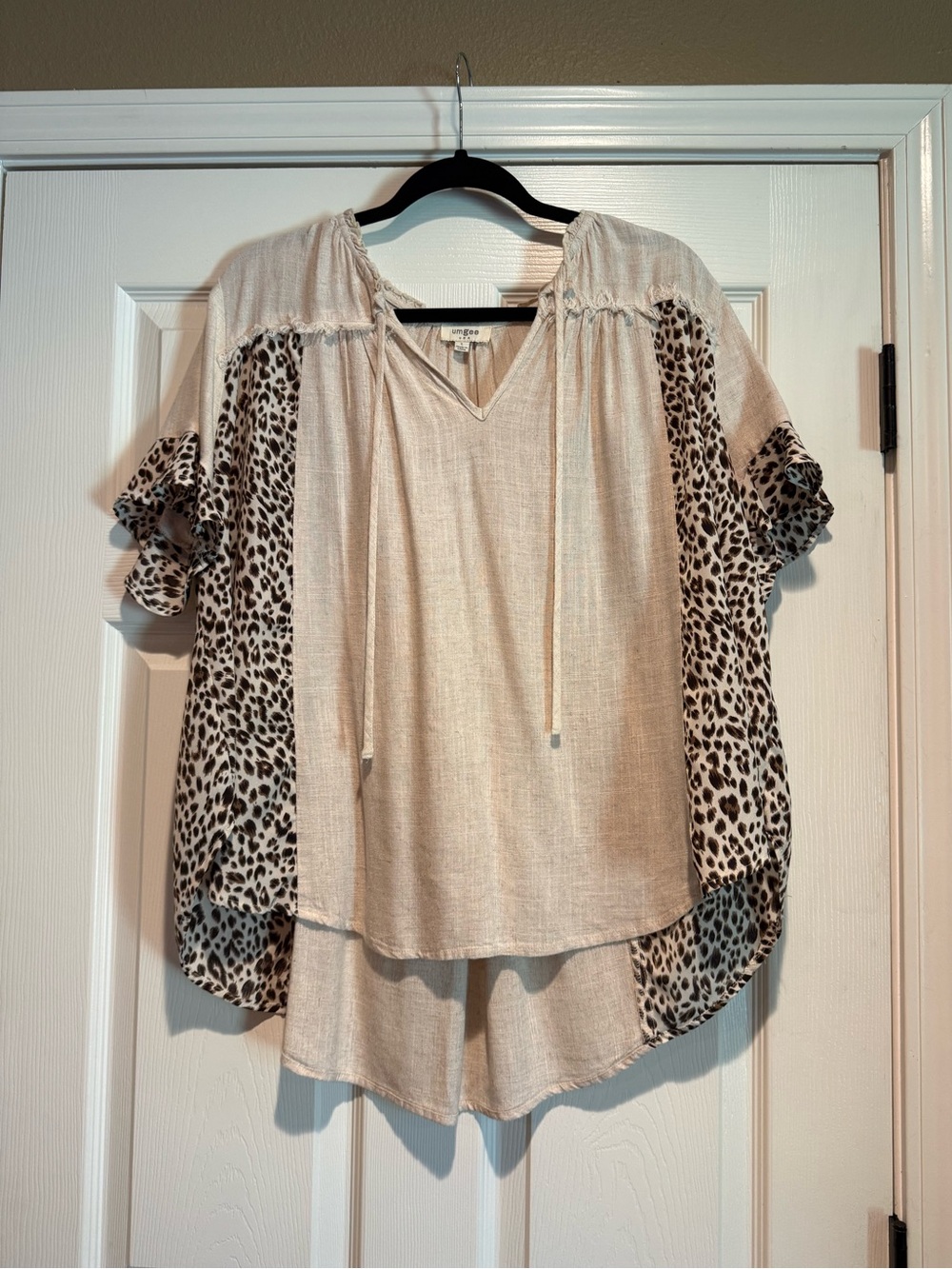 Leopard Sleeve Cream Peasant Top with Tie Neck